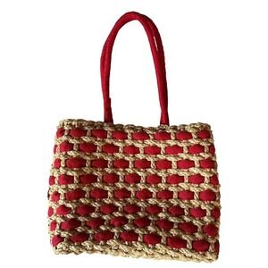 Woven Straw Tote Bag Red Coastal Beach Resort Summer Boho Market Purse